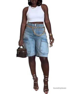 High Waist Straight Leg Cargo Denim Shorts with Pockets Casual Y2K Trendy